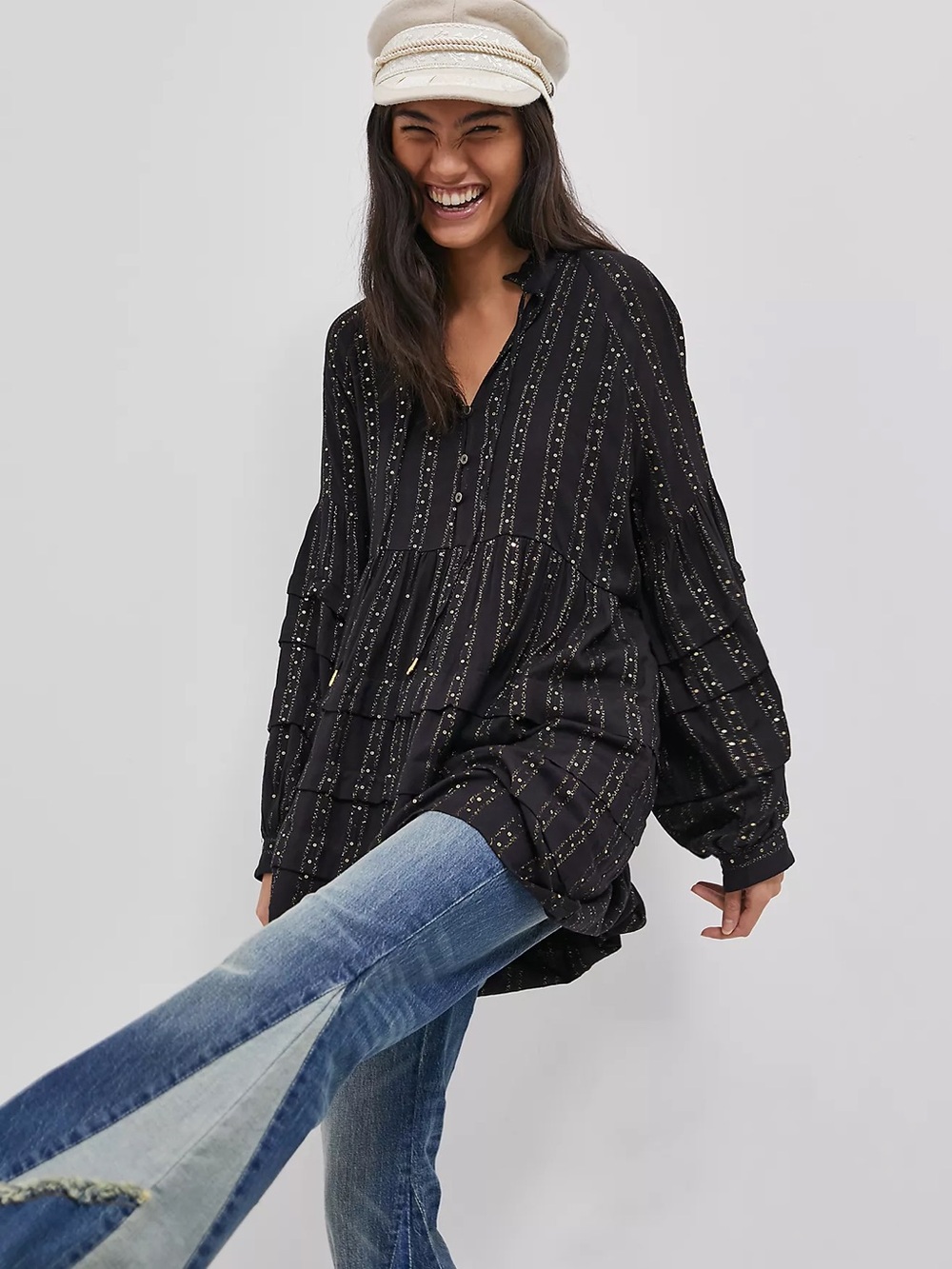 Anthropologie Quinn Sequined Tunic Blouse Black Blouse with Gold Metallic S